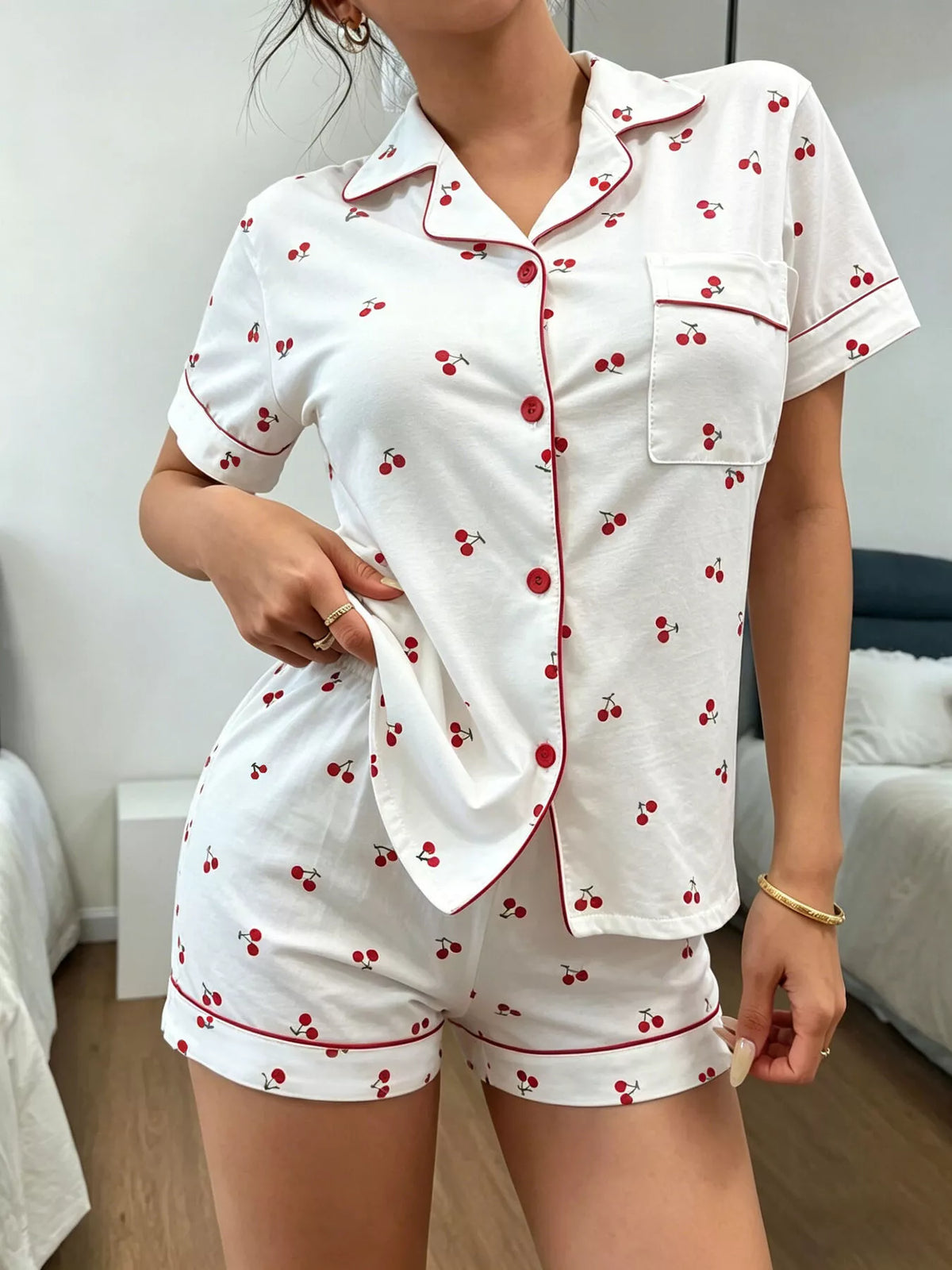 Heart Print Button-down Short Sleeve Top Shorts Lounge Set (12)