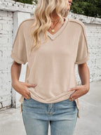 Cord Ribbed V-neck Short Sleeve T-shirt (4)