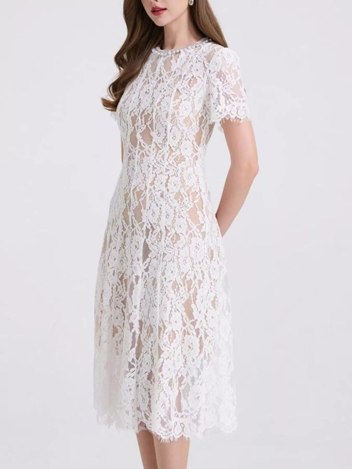 Lace Pearl Neckline Midi Dress (16)