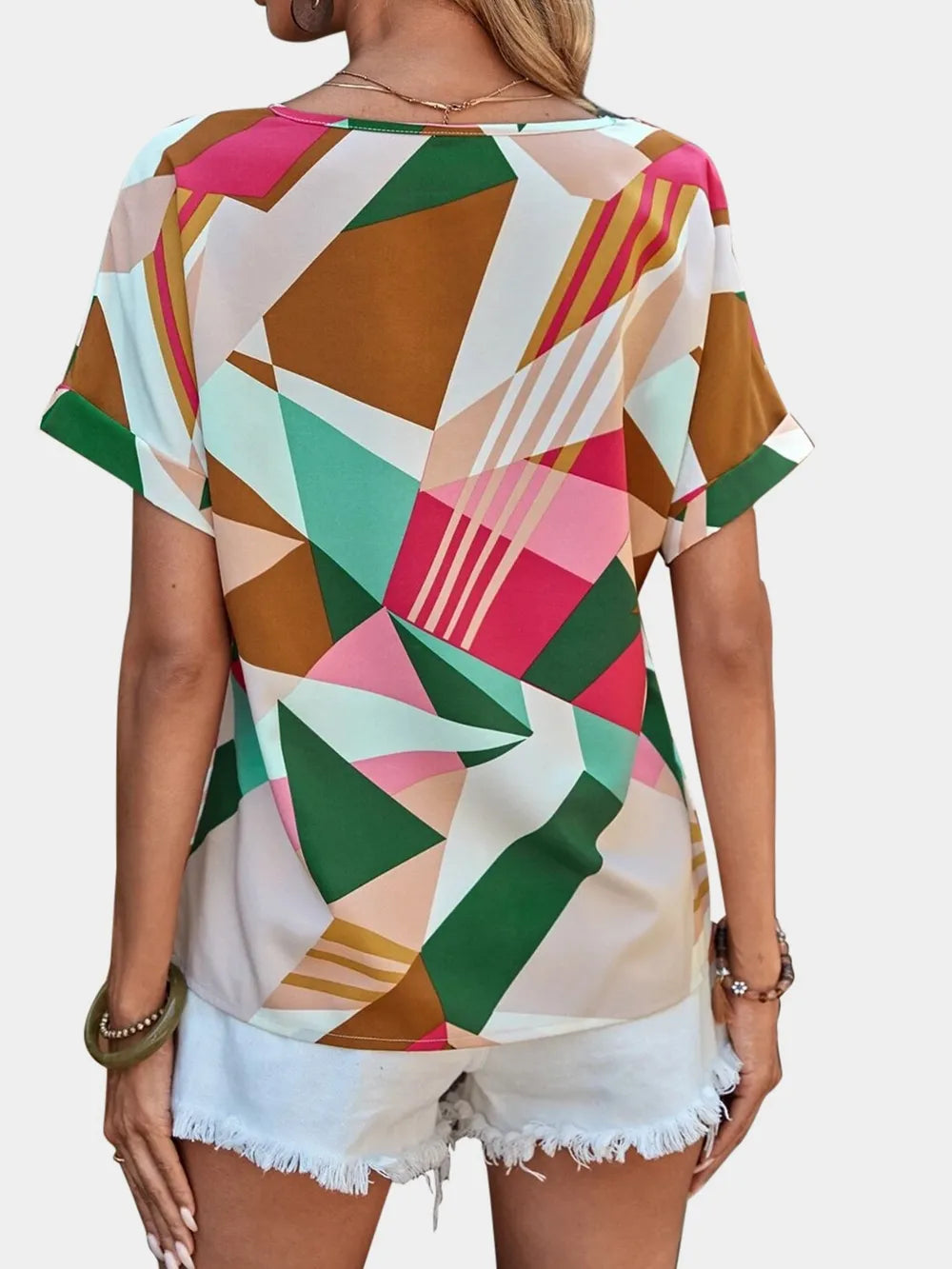 Printed V-neck Short Sleeve Blouse (20)