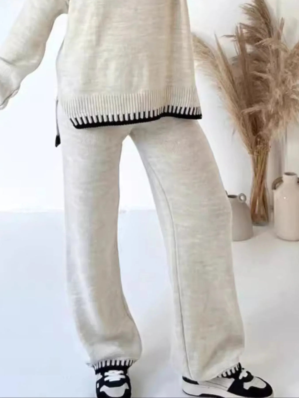 Contrast Trim Round Neck Top Pants Sweater Set (6)