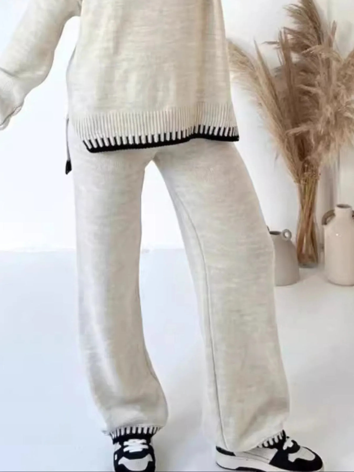 Contrast Trim Round Neck Top Pants Sweater Set (6)