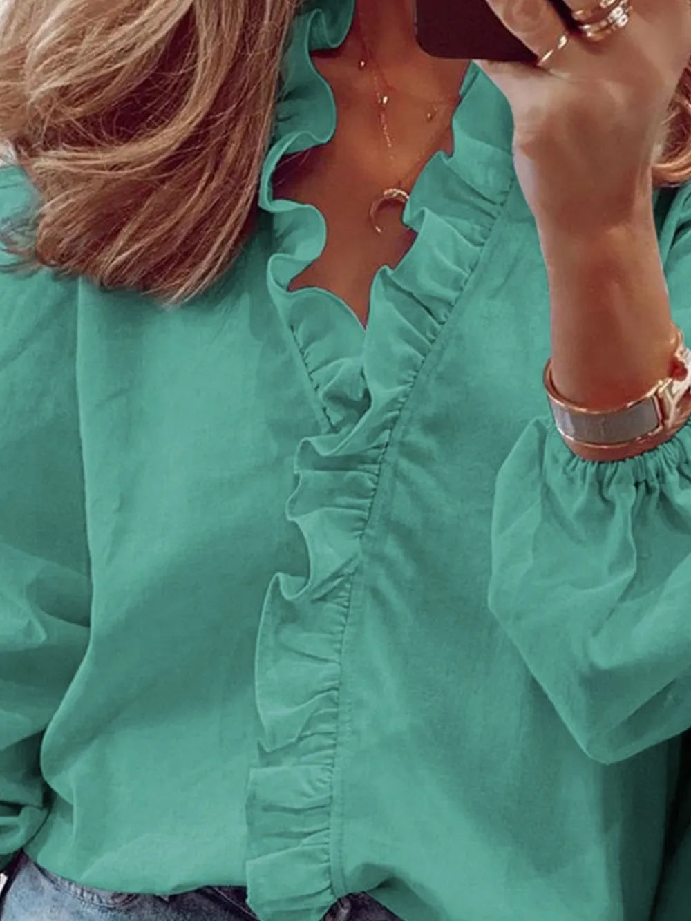 Ruffled V-neck Long Sleeve Blouse (17)