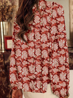 Floral Print Split Neck Pleated Long Sleeve Blouse (2)