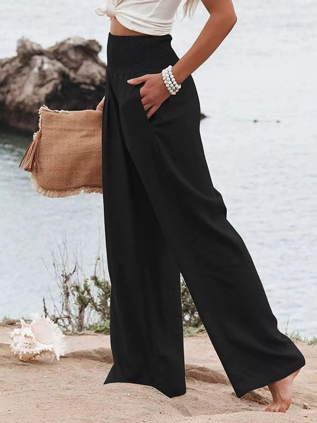 Smocked High Waisted Wide Leg Pants (7)