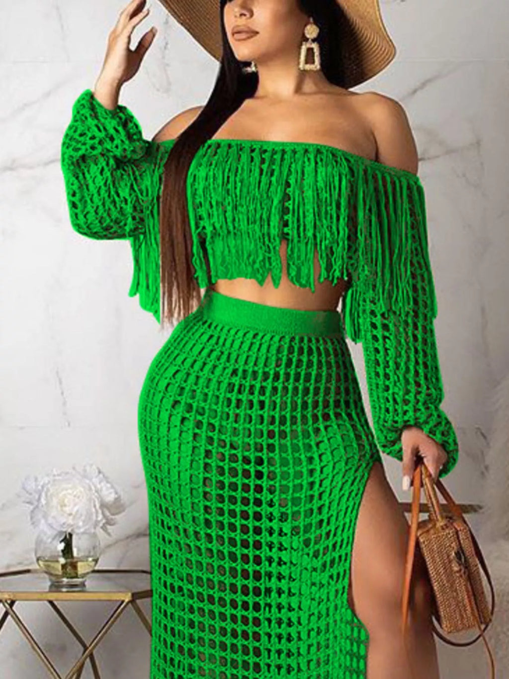 Full Size Crochet Off-shoulder Fringe Top Skirt Set Plus (17)