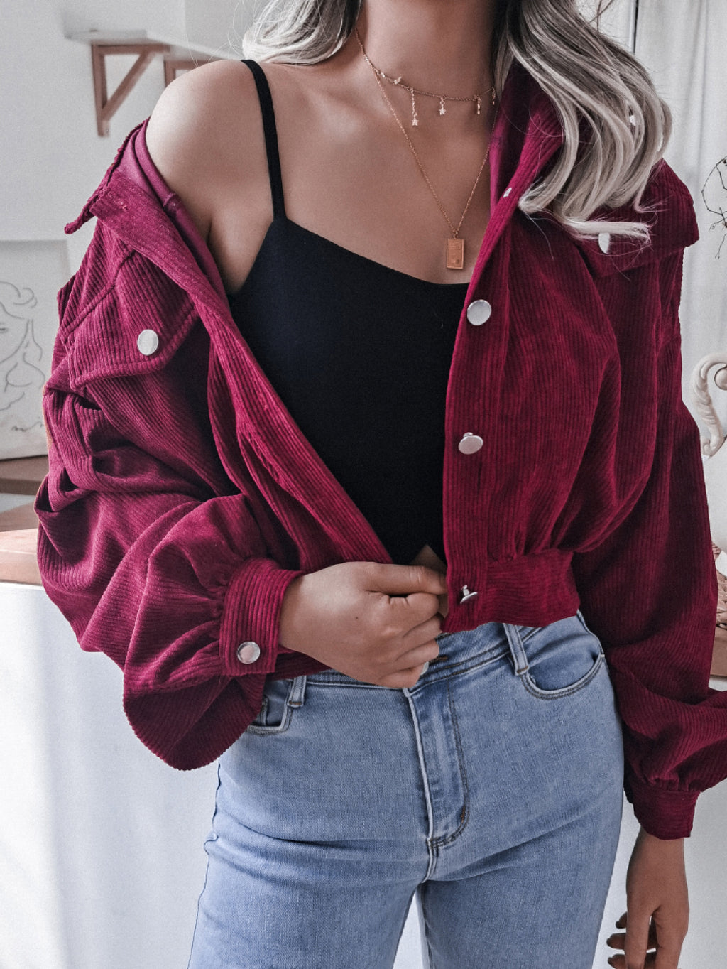 Lantern Sleeve Cropped Corduroy Jacket (9)