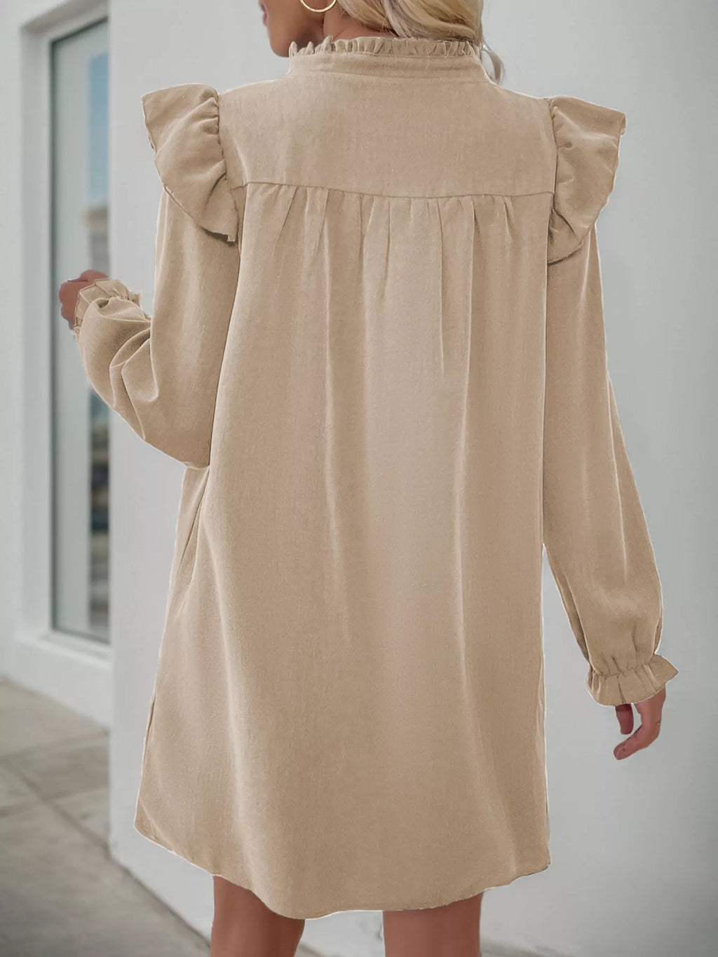 Ruffled Notched Long Sleeve Dress (2)