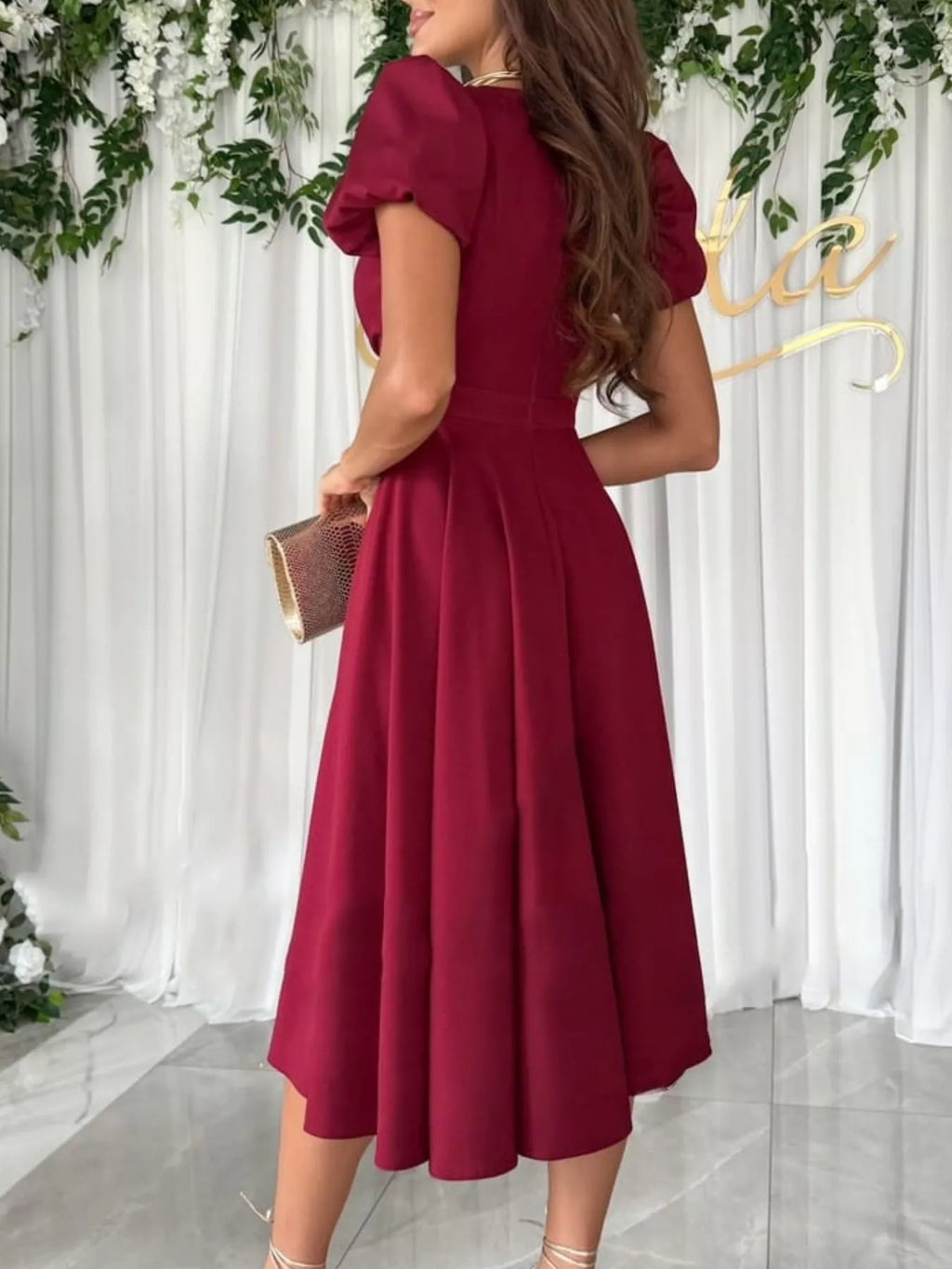 Surplice Puff Sleeve Midi Dress (2)