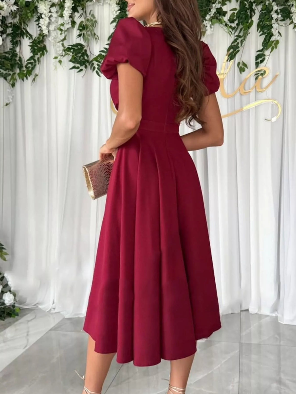 Surplice Puff Sleeve Midi Dress (2)