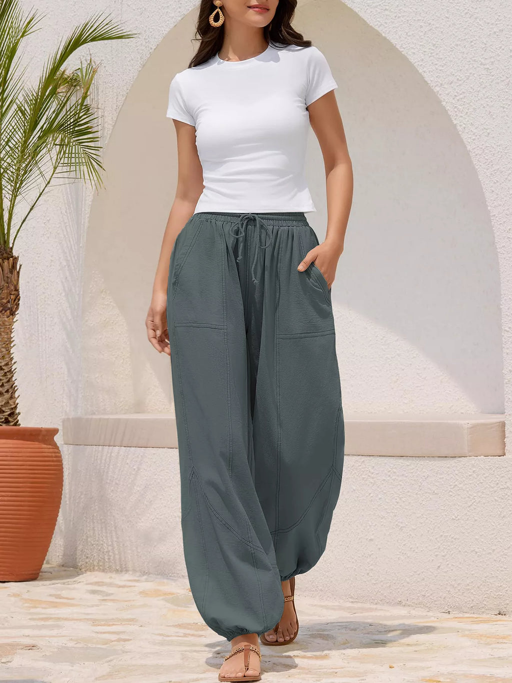 Casual Loose Fit Drawstring Waist Harem Joggers (4)