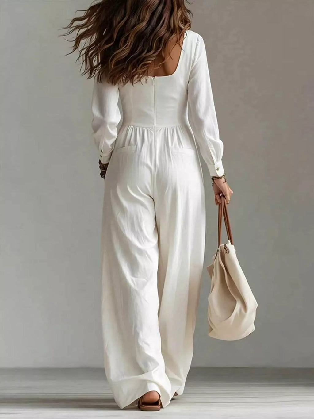 V-neck Long Sleeve Button-down Wide Leg Jumpsuit (2)