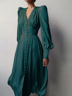 Elegant V-neck Puff Sleeve Button-down Midi Dress (30)