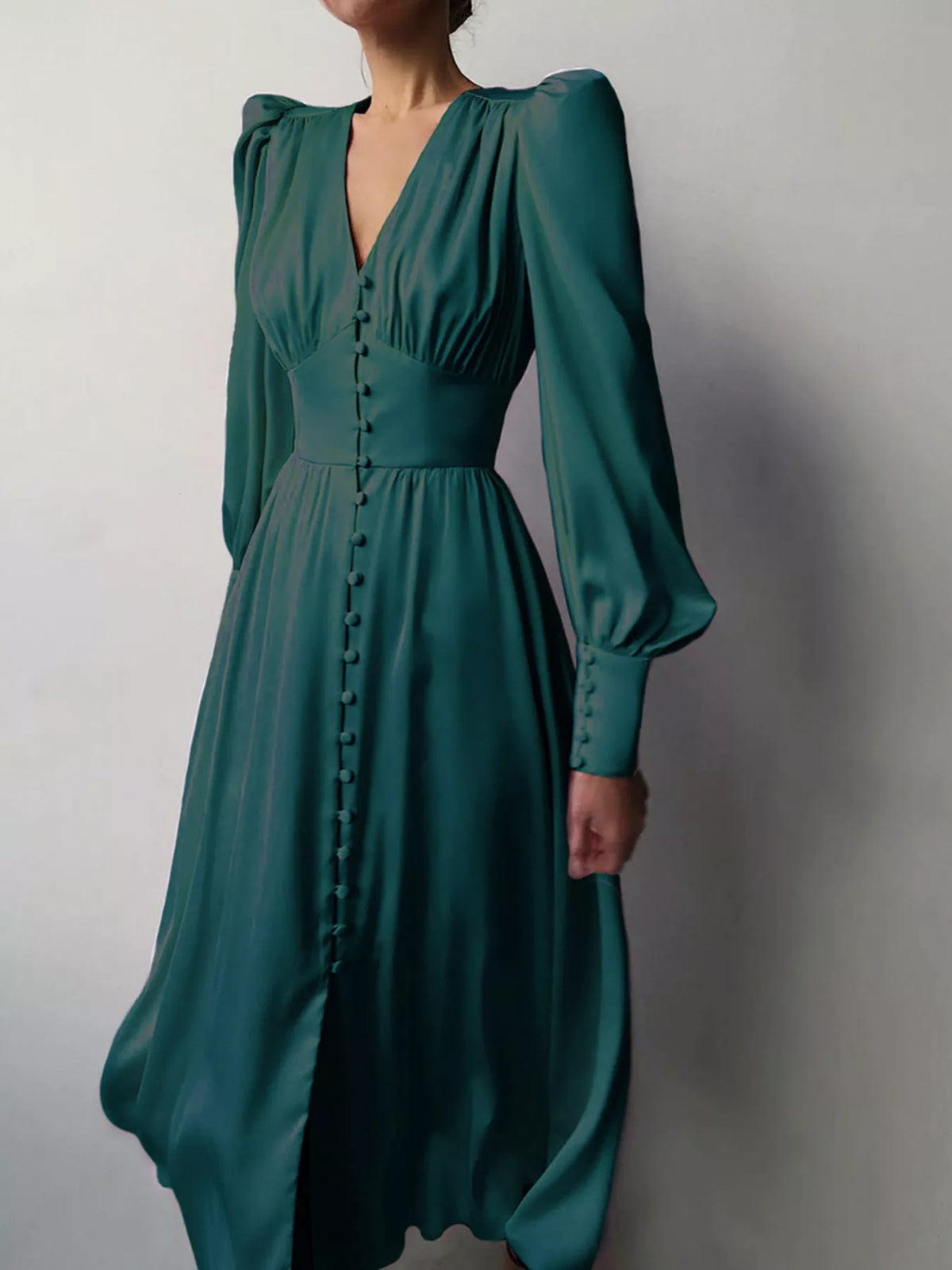 Elegant V-neck Puff Sleeve Button-down Midi Dress (30)