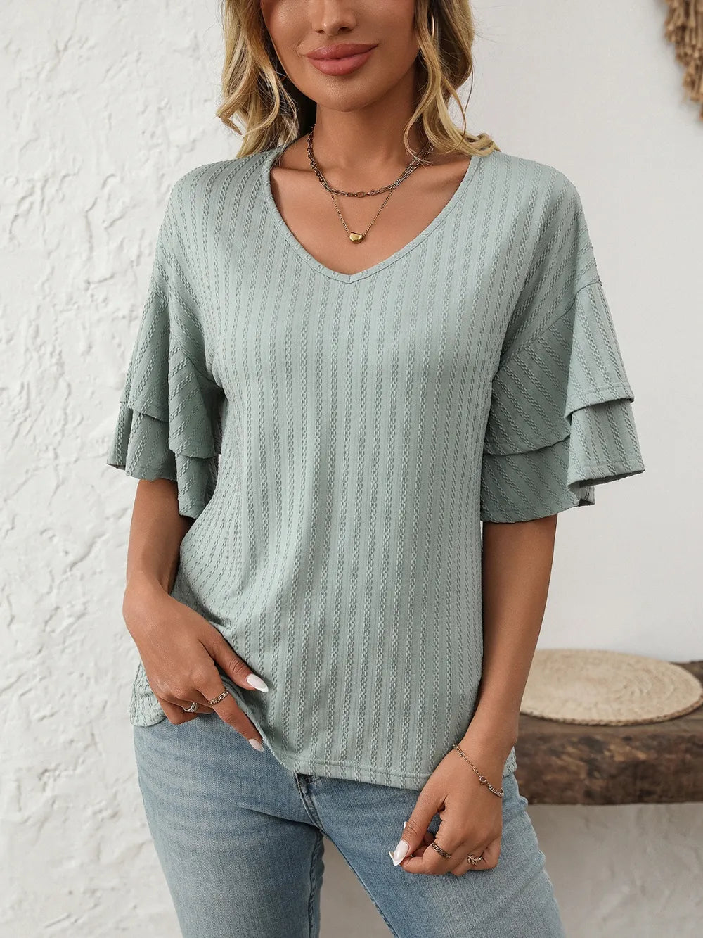 V-neck Ruffle Half Sleeve Top