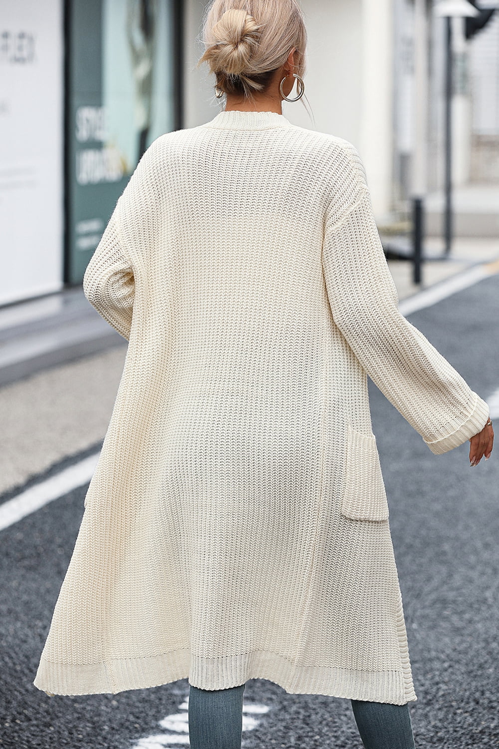 Dropped Shoulder Long Sleeve Cardigan Pocket (2)
