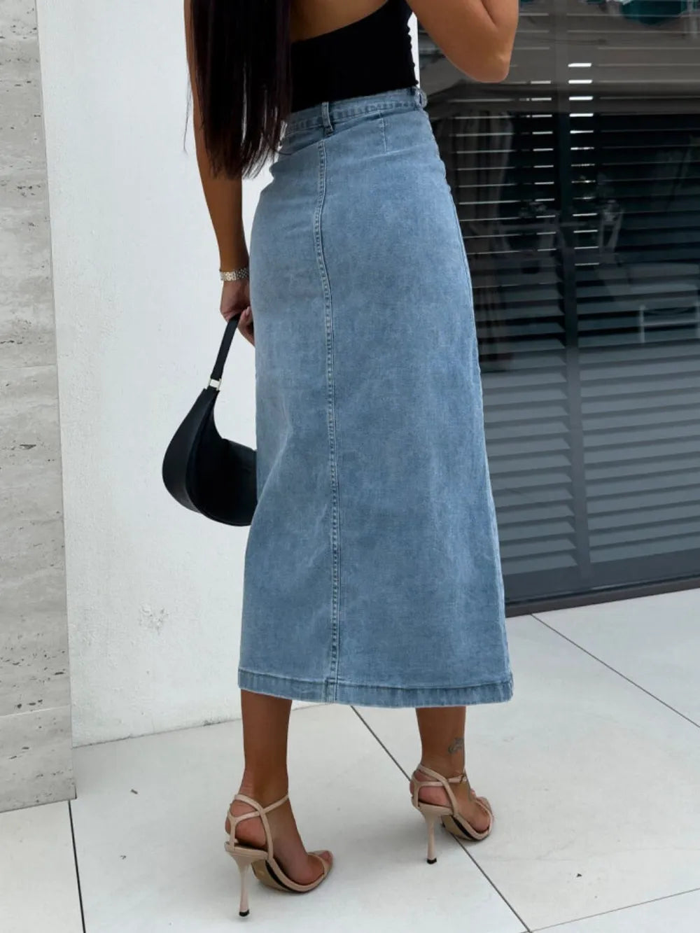 Front Button Slit Midi Denim Skirt (5)
