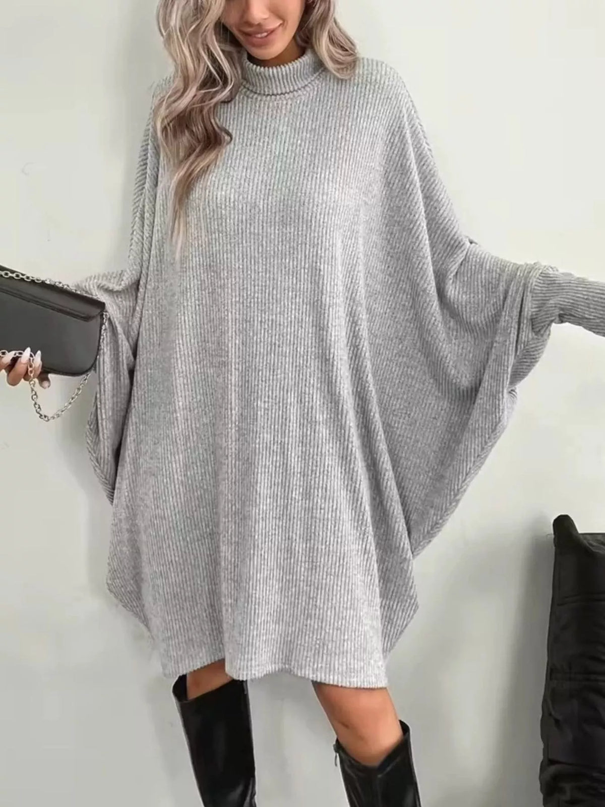 Oversized Batwing Sleeve Ribbed Knit Turtleneck Dress