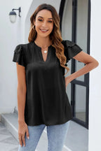 Ruffled Notched Short Sleeve Blouse (12)
