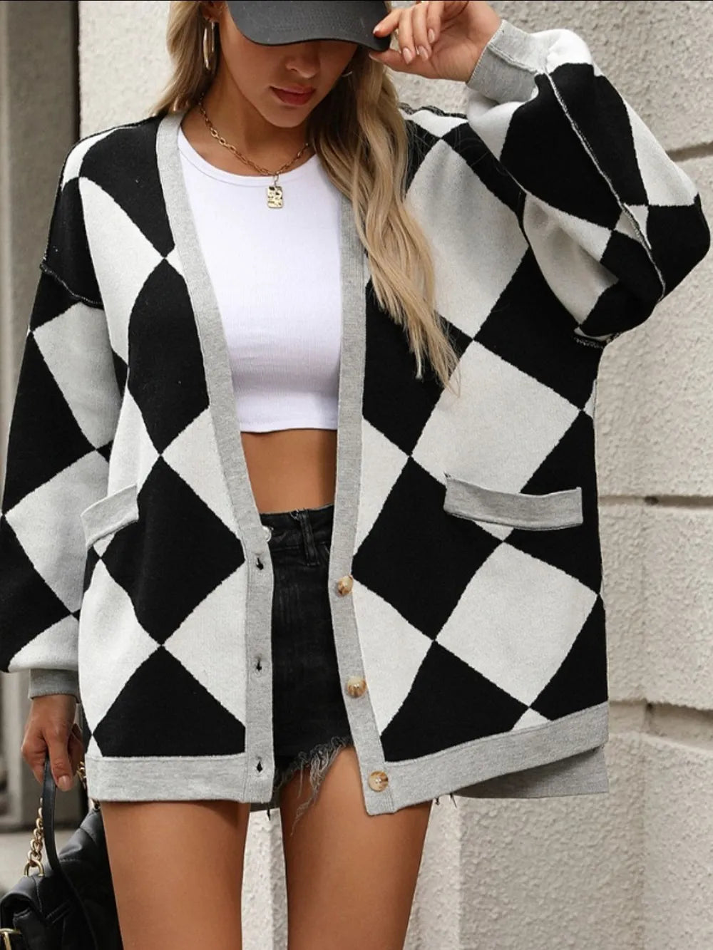 Checkered Dropped Shoulder Long Sleeve Cardigan (5)