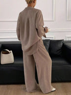 Button Up Long Sleeve Shirt Wide Leg Pants Set (16)