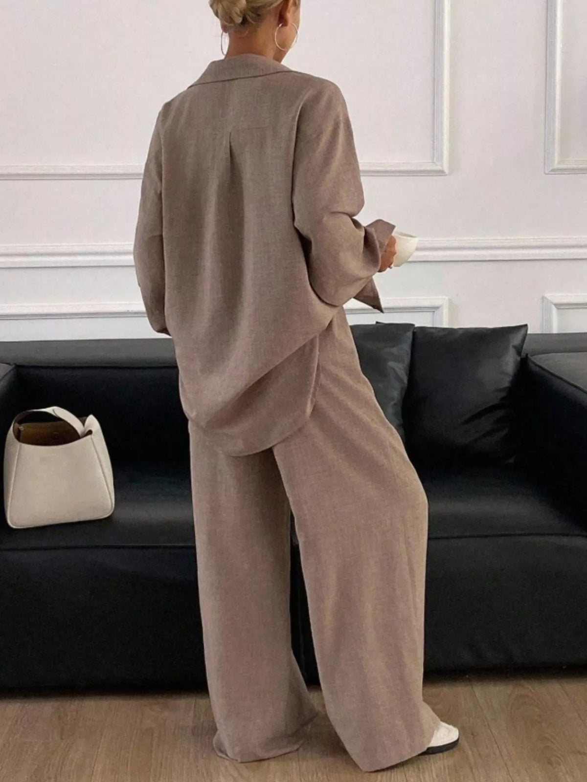 Button Up Long Sleeve Shirt Wide Leg Pants Set (16)