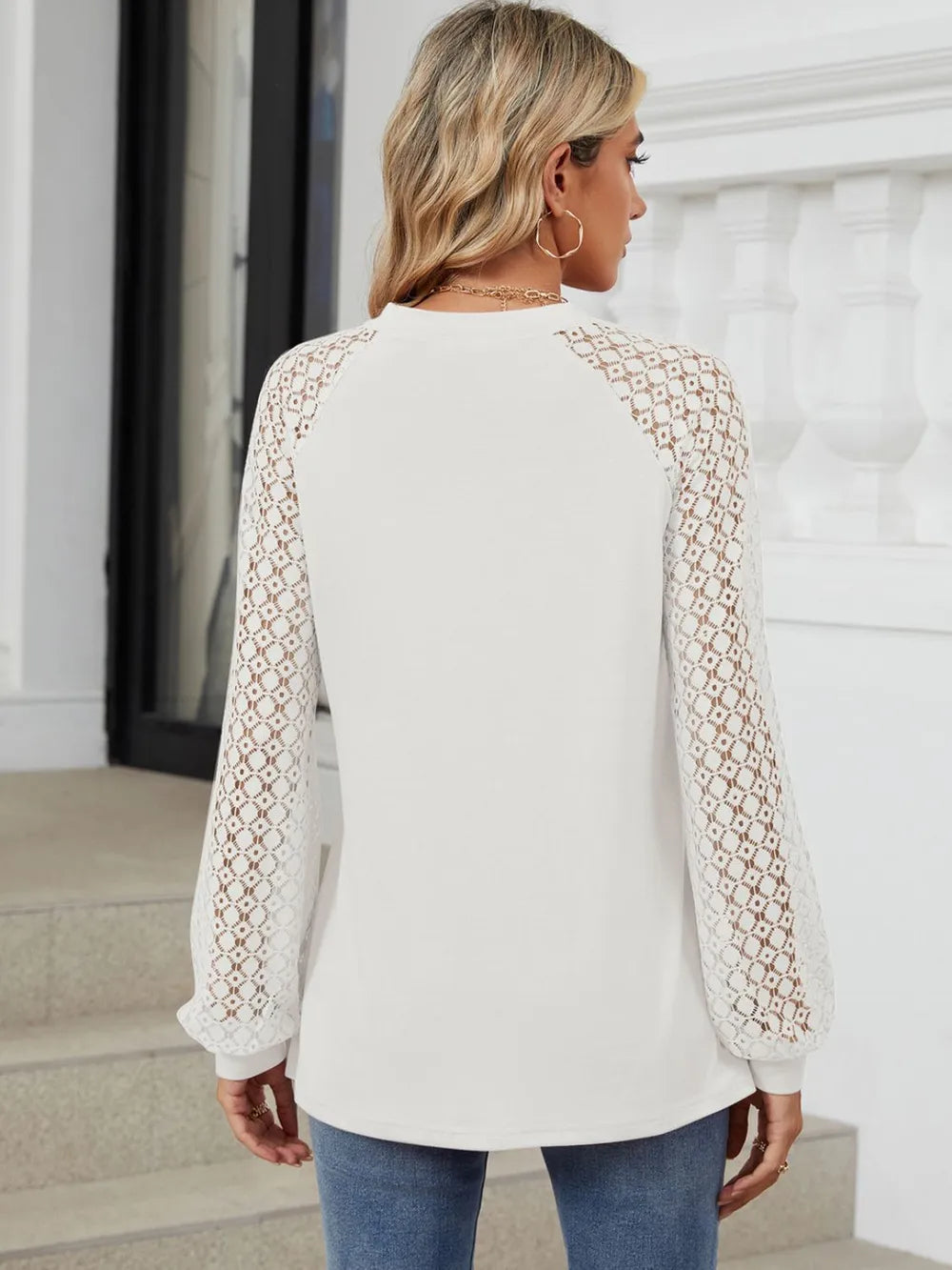 Round Neck Lace Long Sleeve Top (2)