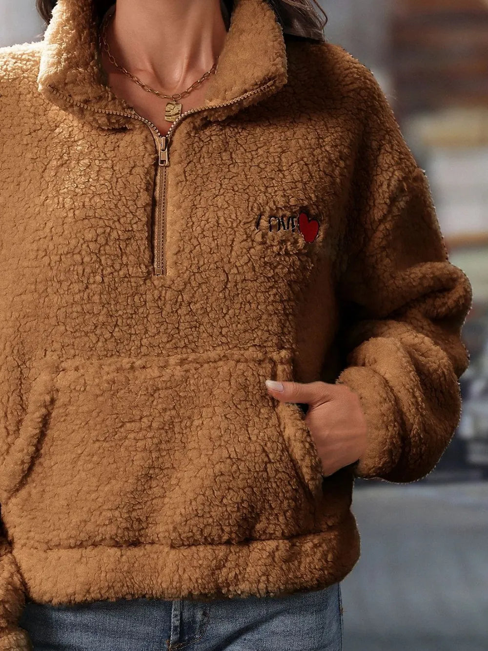 Heart Half Zip Long Sleeve Teddy Sweatshirt (7)