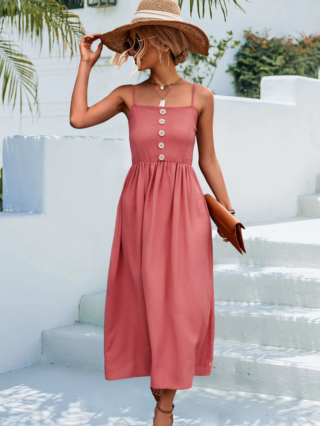 Decorative Button Spaghetti Strap Midi Dress (5)