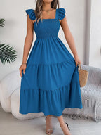 Smocked Square Neck Cap Sleeve Midi Dress (4)