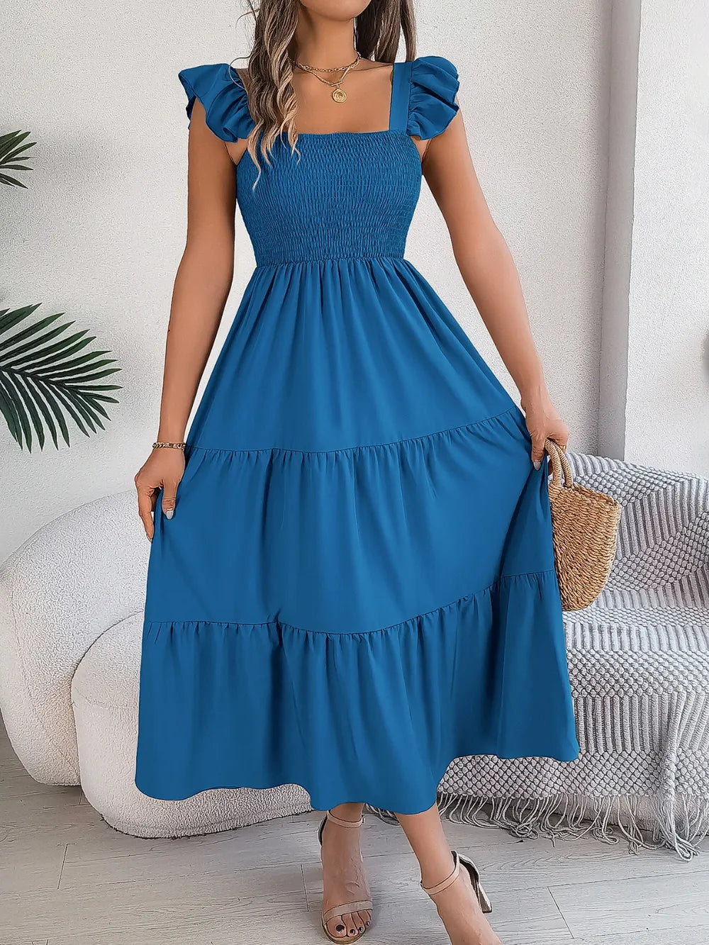 Smocked Square Neck Cap Sleeve Midi Dress (4)