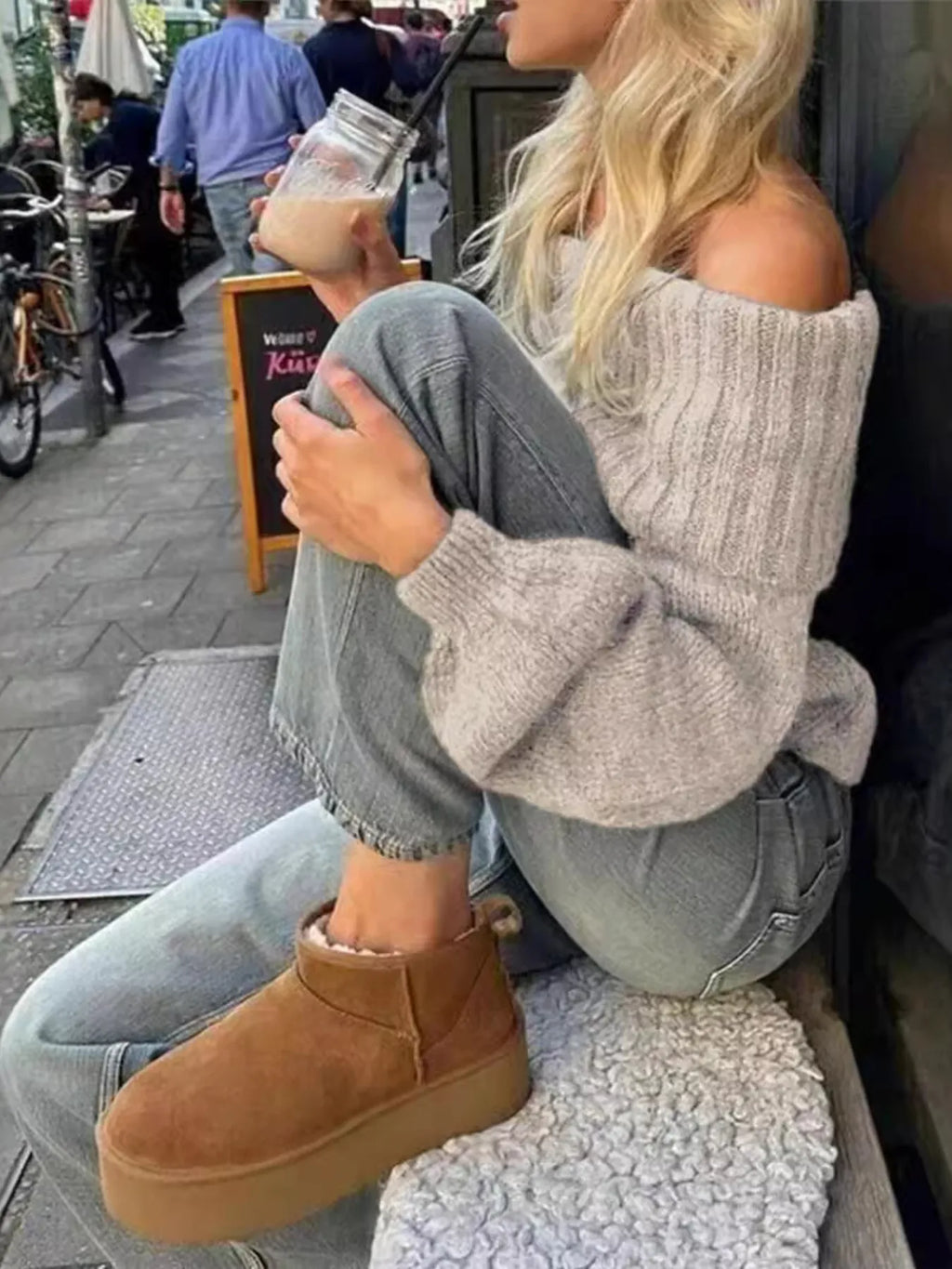 Off-shoulder Ribbed Long Sleeve Sweater (8)