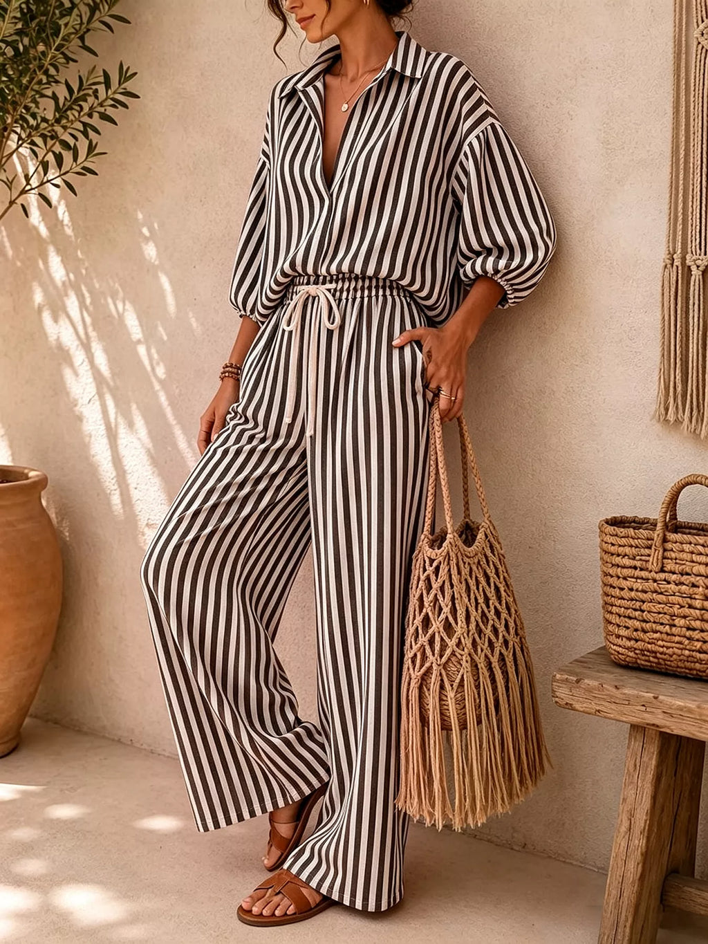 Striped Collared Shirt Wide-leg Drawstring Pants Set (3)