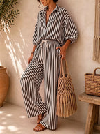 Striped Collared Shirt Wide-leg Drawstring Pants Set (3)