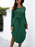 One-shoulder Long Sleeve Midi Dress Drawstring Waist