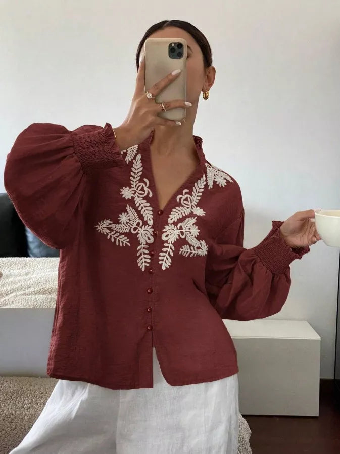 Embroidered Notched Long Sleeve Blouse (29)