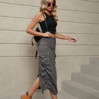 Drawstring Ruched Slit Denim Midi Skirt (17)