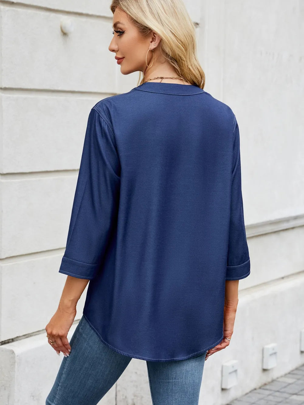Notched Three-quarter Sleeve Denim Top (9)