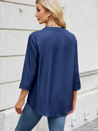 Notched Three-quarter Sleeve Denim Top (9)