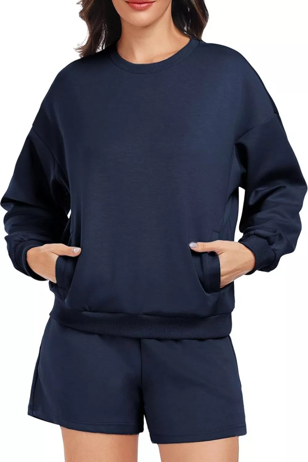 Round Neck Sweatshirt Shorts Set (22)