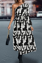 Printed One-shoulder Tie Waist Dress (10)