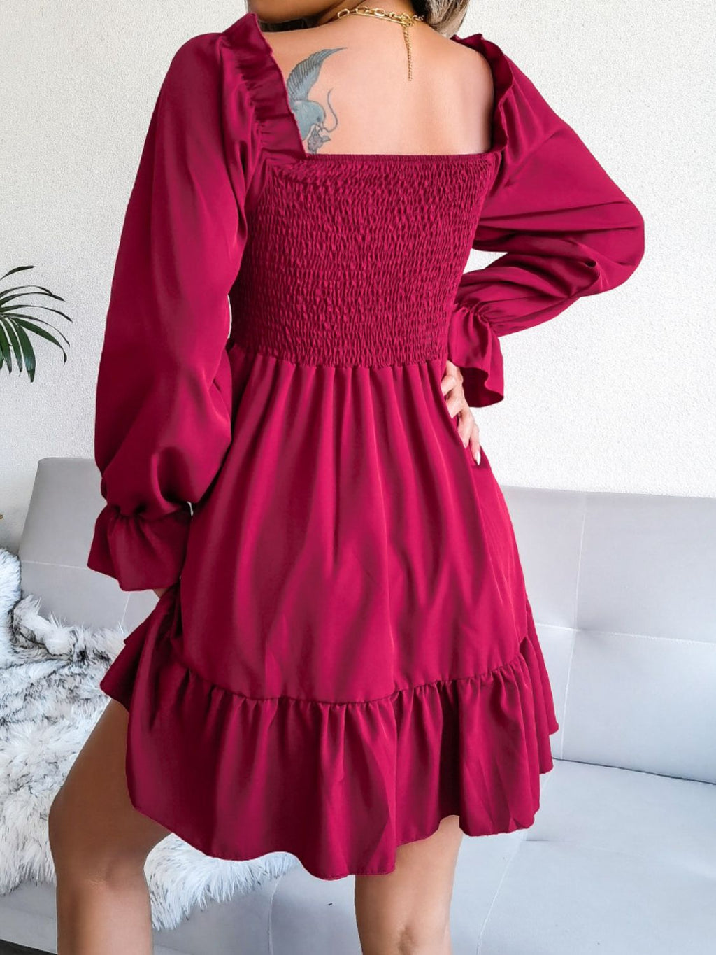 Smocked Flounce Sleeve Square Neck Dress (12)