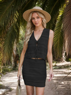 Openwork V-neck Top Skirt Knit Cover Up Set (14)