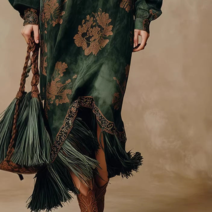Retro Silhouette-printed Green Faux-suede Fringed Maxi Dress photo 3