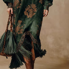 Retro Silhouette-printed Green Faux-suede Fringed Maxi Dress photo 3