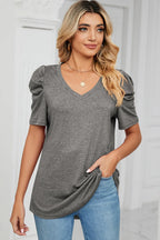 Heathered V-neck Puff Sleeve T-shirt (20)