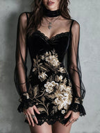 Floral Velvet Mini Dress Sheer Mesh Sleeves (17)