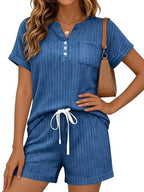 Casual Ribbed Knit Tee Shorts Set (16)