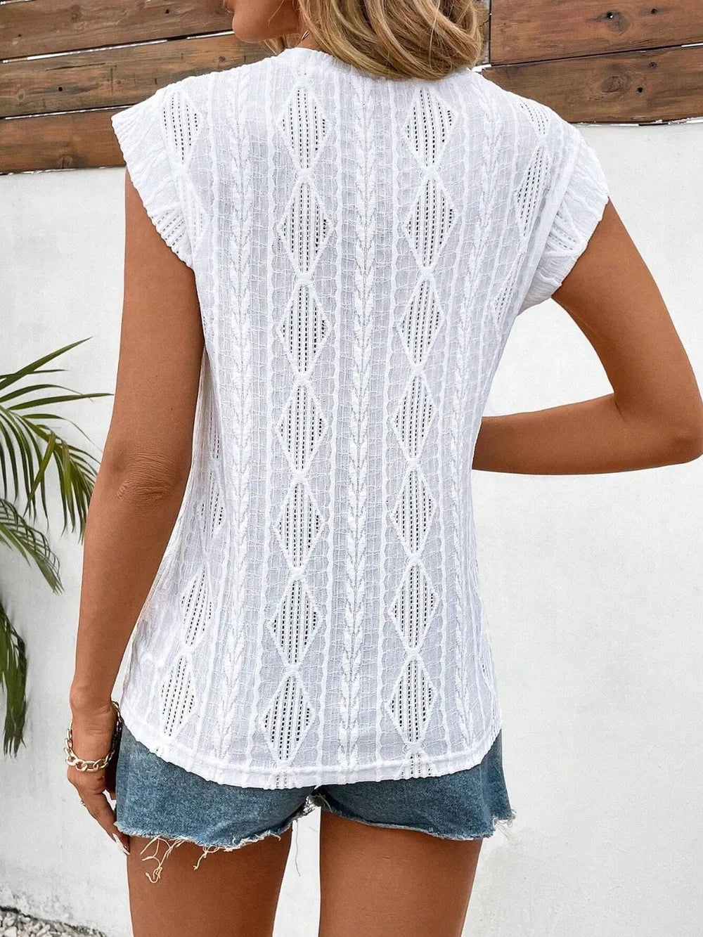 Eyelet Round Neck Cap Sleeve Top (5)