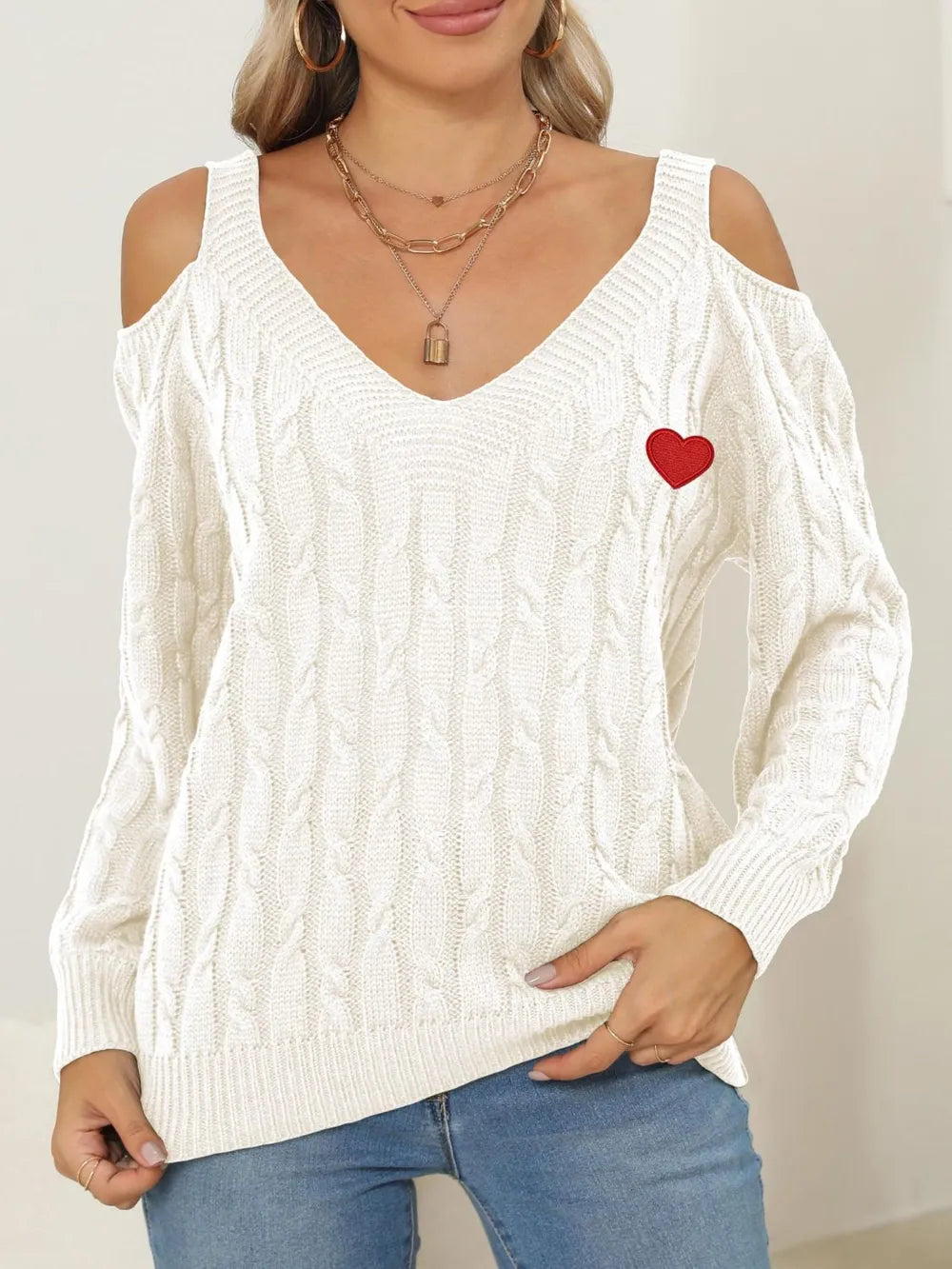 Cable-knit Heart V-neck Sweater (12)